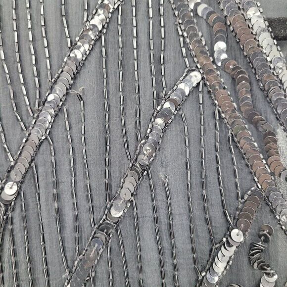 Vintage 80s Silk Black Beaded Sequined Short Sleeve Flapper Dress Sz M Cutout - Picture 12 of 14